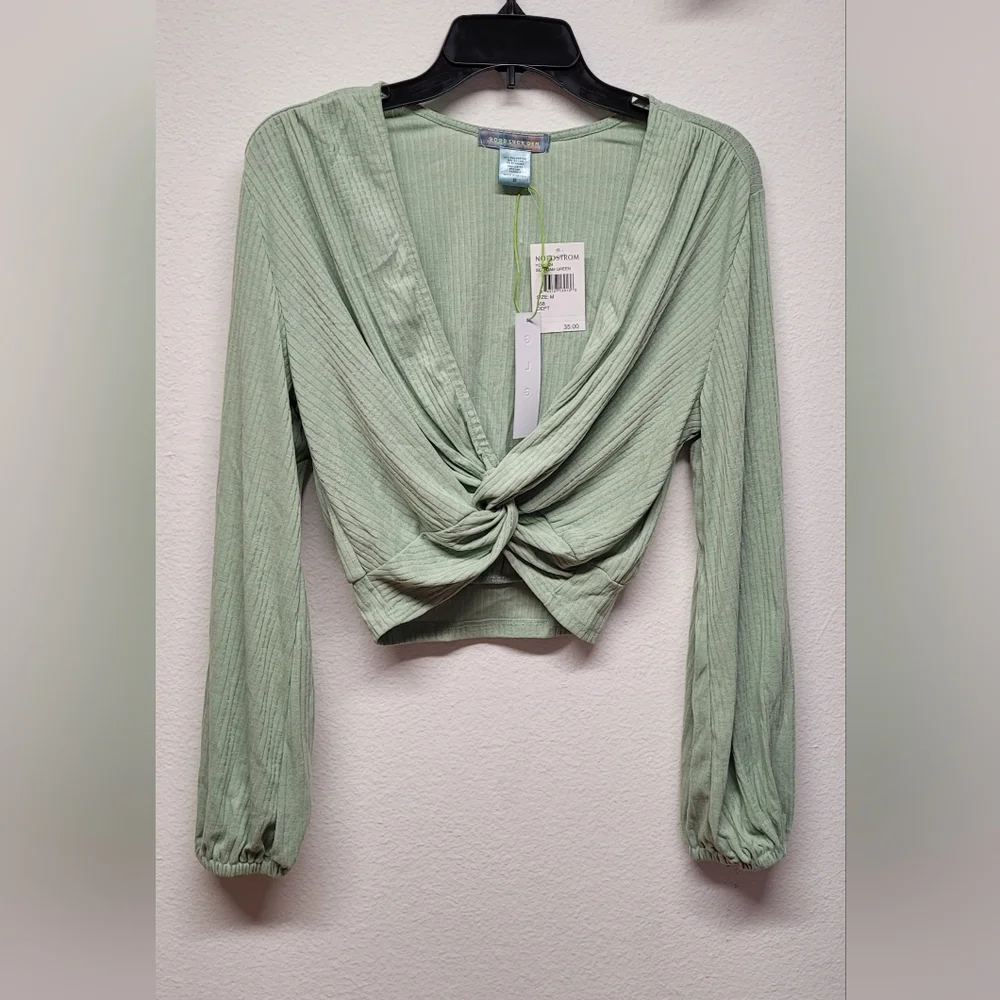 From Nordstrom Ribbed Twist Knot V-Neck Long Sleeve Womens Crop Top M Green - Picture 2 of 5